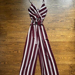 Rue 21 Maroon Striped Jumpsuit with Tie